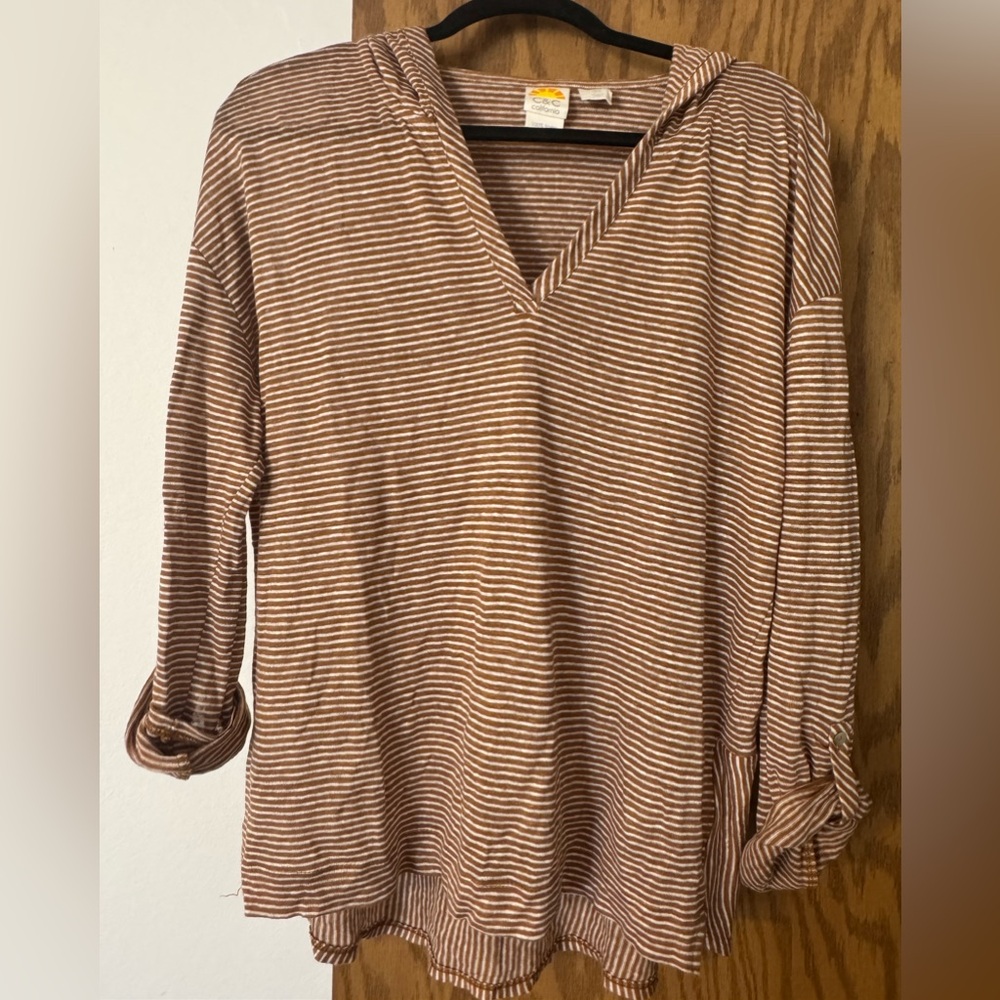 C & C Striped Hoodie Tan & Cream Women's Top, Roll Tab Sleeves. Size Large